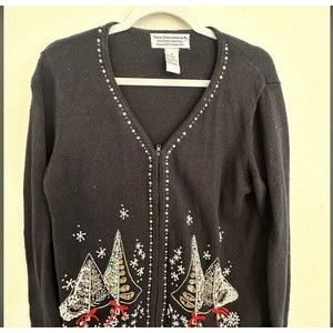 Ugly Christmas Sweater By Tiara International Size Women XL Black Vintage Zip Up